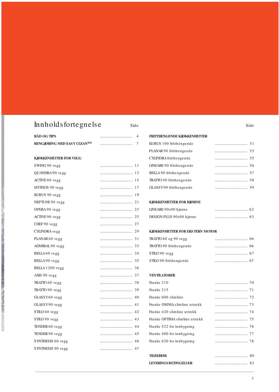 .. 15 TRATTO 90 fritthengende... 58 MYTHOS 90 vegg... 17 GLASSY 90 fritthengende... 59 KUBUS 90 vegg... 19 NEPTUNE 90 vegg... 21 KJØKKENHETTER FOR HJØRNE OPERA 90 vegg... 23 LINEARE 90x90 hjørne.