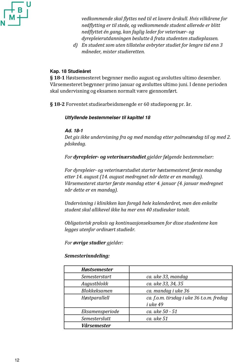 studieplassen. d) En student som uten tillatelse avbryter studiet for lengre tid enn 3 måneder, mister studieretten. Kap.