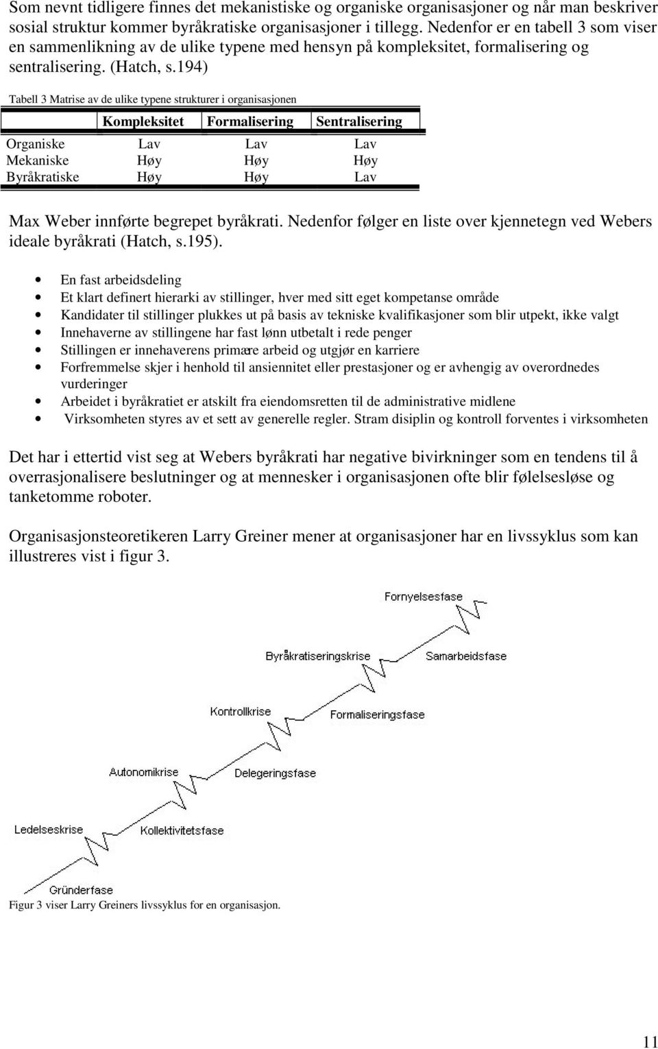 194) Tabell 3 Matrise av de ulike typene strukturer i organisasjonen Kompleksitet Formalisering Sentralisering Organiske Lav Lav Lav Mekaniske Høy Høy Høy Byråkratiske Høy Høy Lav Max Weber innførte