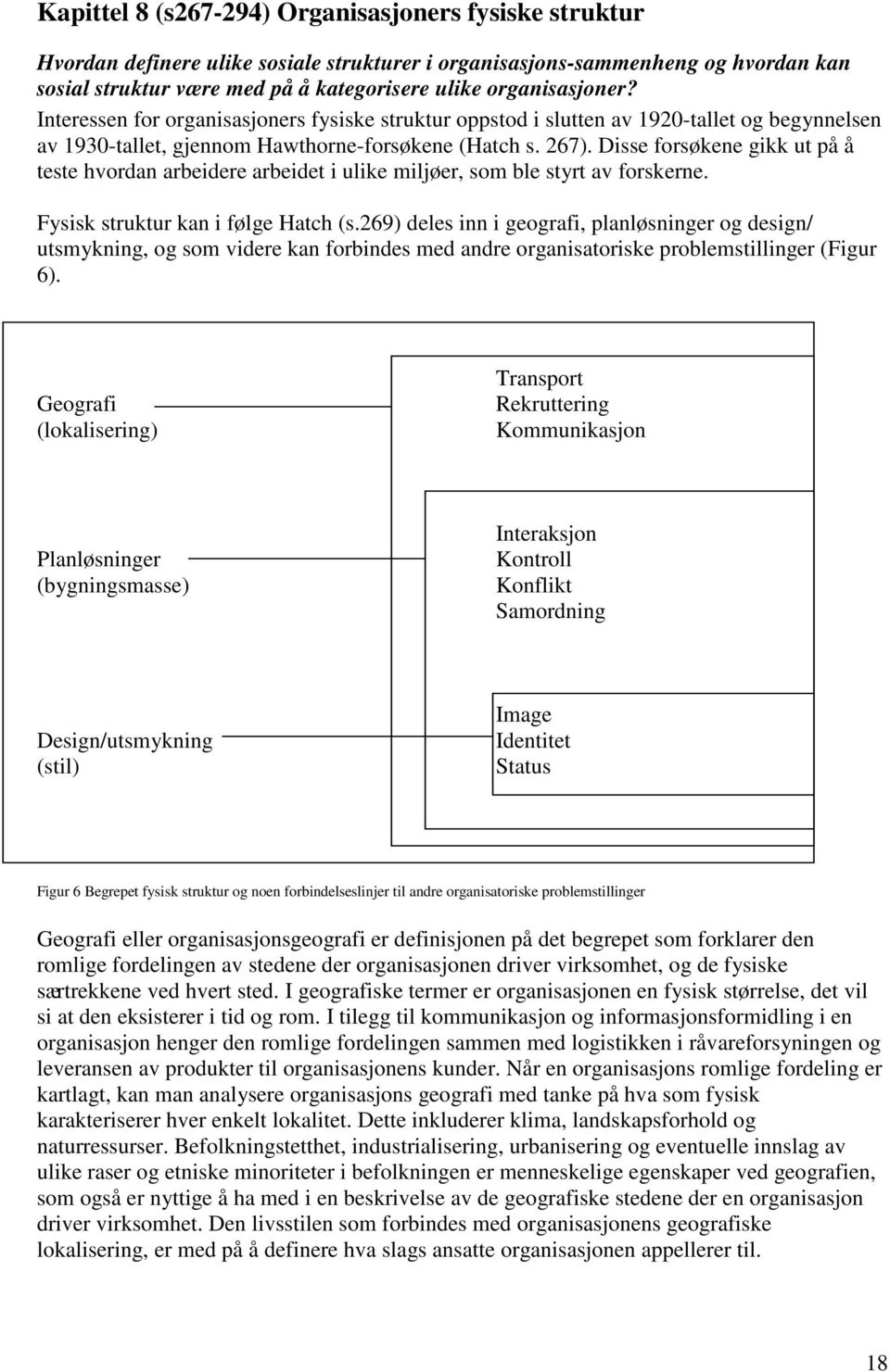 Disse forsøkene gikk ut på å teste hvordan arbeidere arbeidet i ulike miljøer, som ble styrt av forskerne. Fysisk struktur kan i følge Hatch (s.