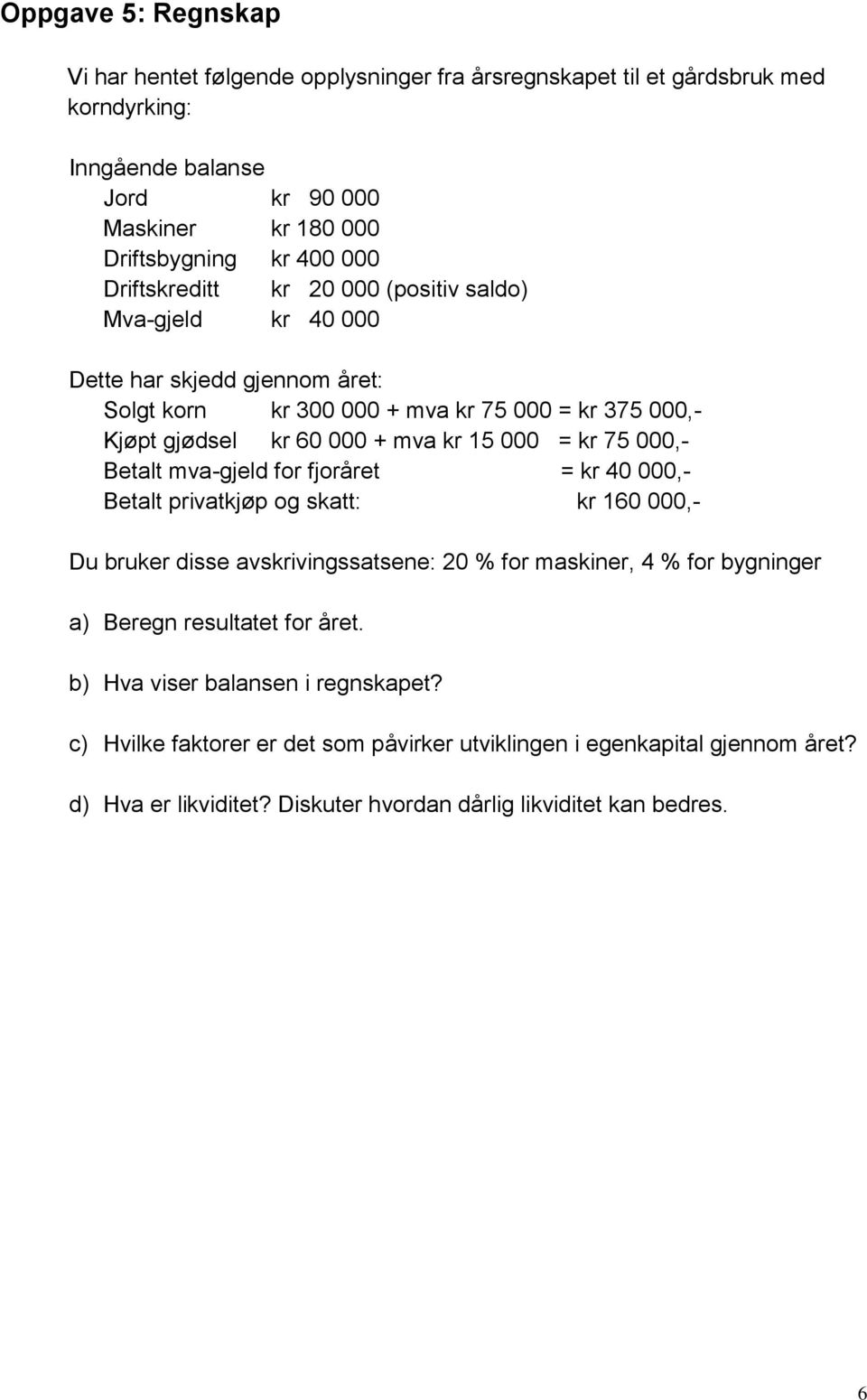 75 000,- Betalt mva-gjeld for fjoråret = kr 40 000,- Betalt privatkjøp og skatt: kr 160 000,- Du bruker disse avskrivingssatsene: 20 % for maskiner, 4 % for bygninger a) Beregn resultatet