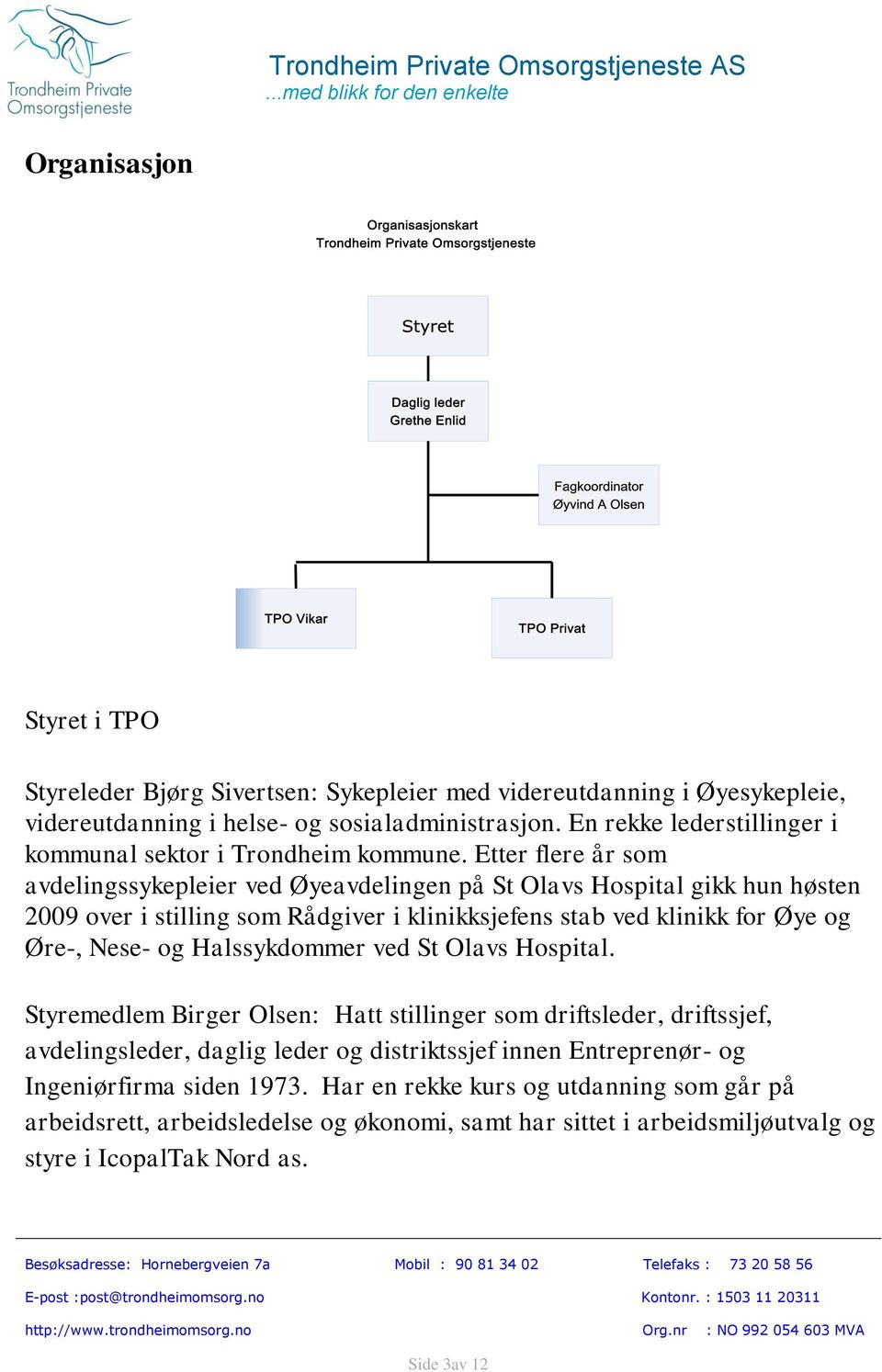 Etter flere år som avdelingssykepleier ved Øyeavdelingen på St Olavs Hospital gikk hun høsten 2009 over i stilling som Rådgiver i klinikksjefens stab ved klinikk for Øye og Øre-, Nese- og