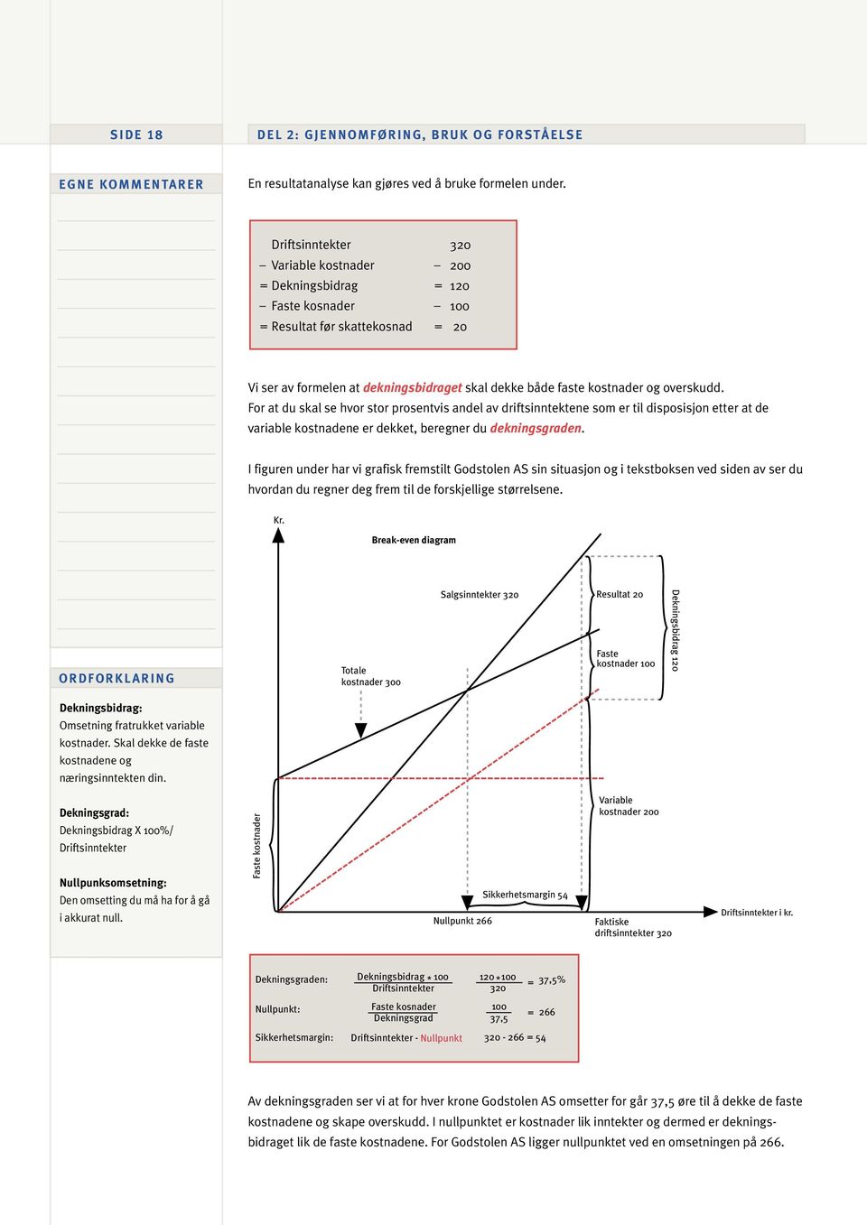 overskudd. For at du skal se hvor stor prosentvis andel av driftsinntektene som er til disposisjon etter at de variable kostnadene er dekket, beregner du dekningsgraden.