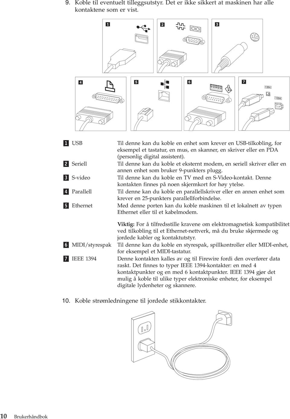 2 Seriell Til denne kan du koble et eksternt modem, en seriell skriver eller en annen enhet som bruker 9-punkters plugg. 3 S-video Til denne kan du koble en TV med en S-Video-kontakt.