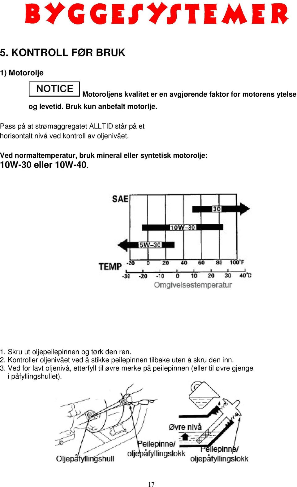 Ved normaltemperatur, bruk mineral eller syntetisk motorolje: 10W-30 eller 10W-40. 1. Skru ut oljepeilepinnen og tørk den ren. 2.