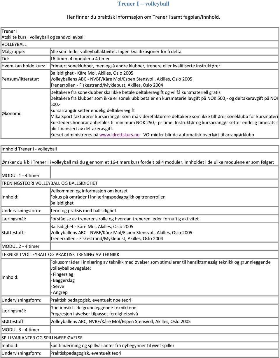 Ingen kvalifikasjoner for å delta 16 timer, 4 moduler a 4 timer Primært soneklubber, men også andre klubber, trenere eller kvalifiserte instruktører Ballsidighet - Kåre Mol, Akilles, Oslo 2005