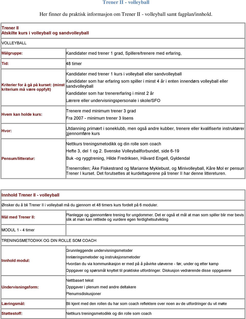 sandvolleyball Kandidater som har erfaring som spiller i minst 4 år i enten innendørs volleyball eller Kriterier for å gå på kurset: (minst ett sandvolleyball kriterium må være oppfylt) Kandidater