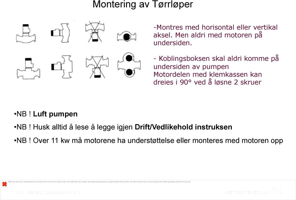 - Koblingsboksen skal aldri komme på undersiden av pumpen Motordelen med klemkassen kan dreies i