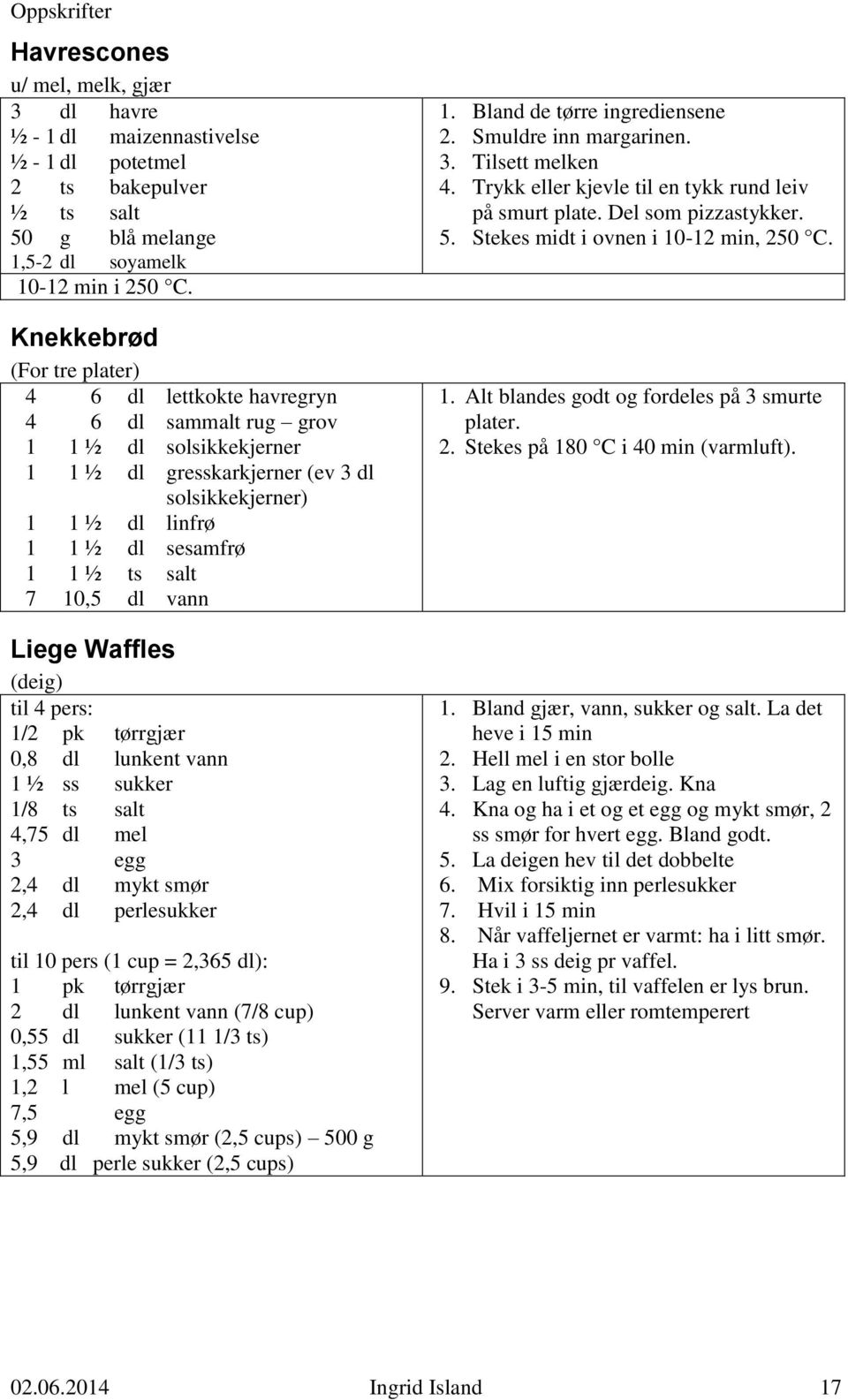 salt 7 10,5 dl vann Liege Waffles (deig) til 4 pers: 1/2 pk tørrgjær 0,8 dl lunkent vann 1 ½ ss sukker 1/8 ts salt 4,75 dl mel 3 egg 2,4 dl mykt smør 2,4 dl perlesukker til 10 pers (1 cup = 2,365