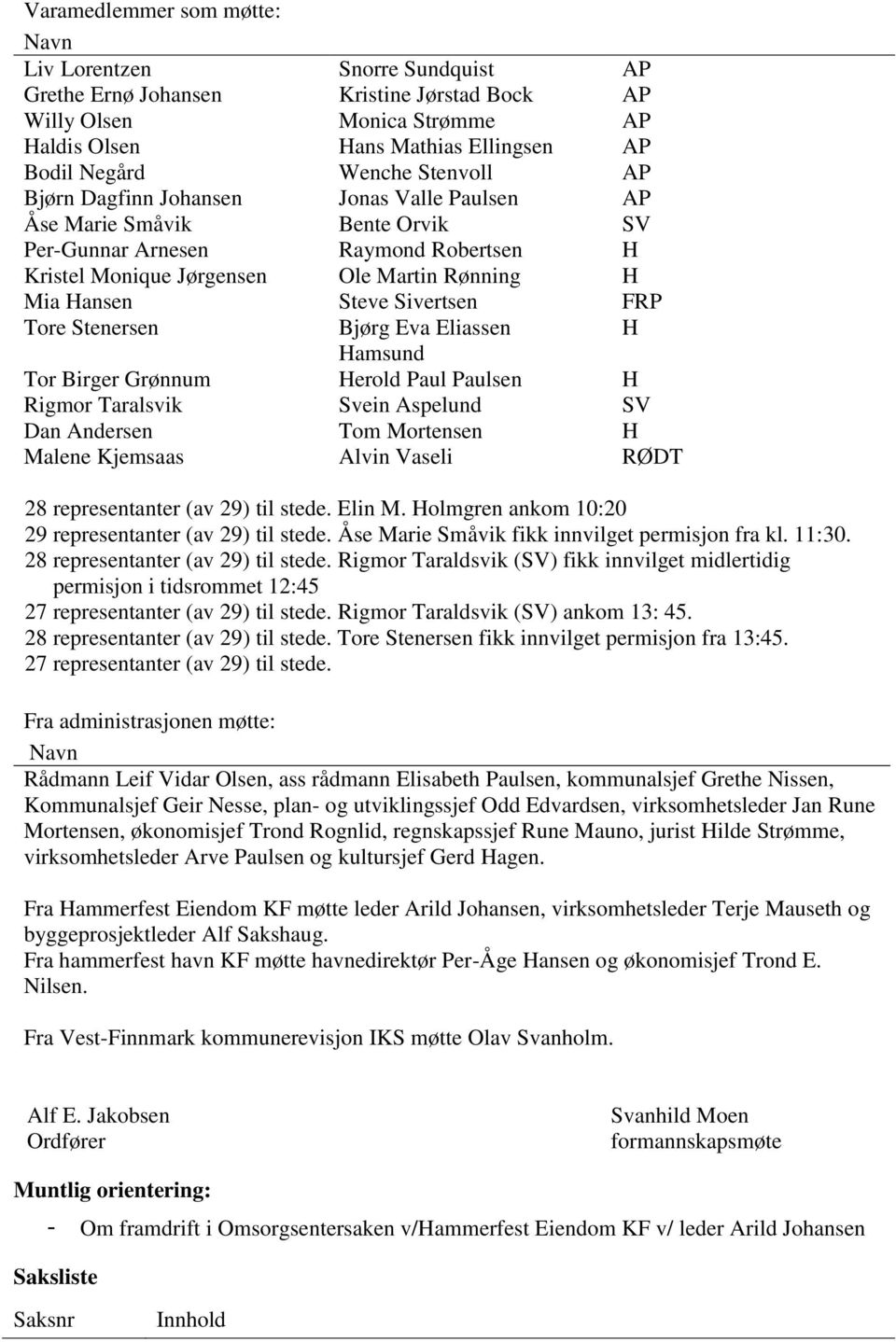 Sivertsen FRP Tore Stenersen Bjørg Eva Eliassen Hamsund H Tor Birger Grønnum Herold Paul Paulsen H Rigmor Taralsvik Dan Andersen Malene Kjemsaas Svein Aspelund Tom Mortensen Alvin Vaseli SV H RØDT 28