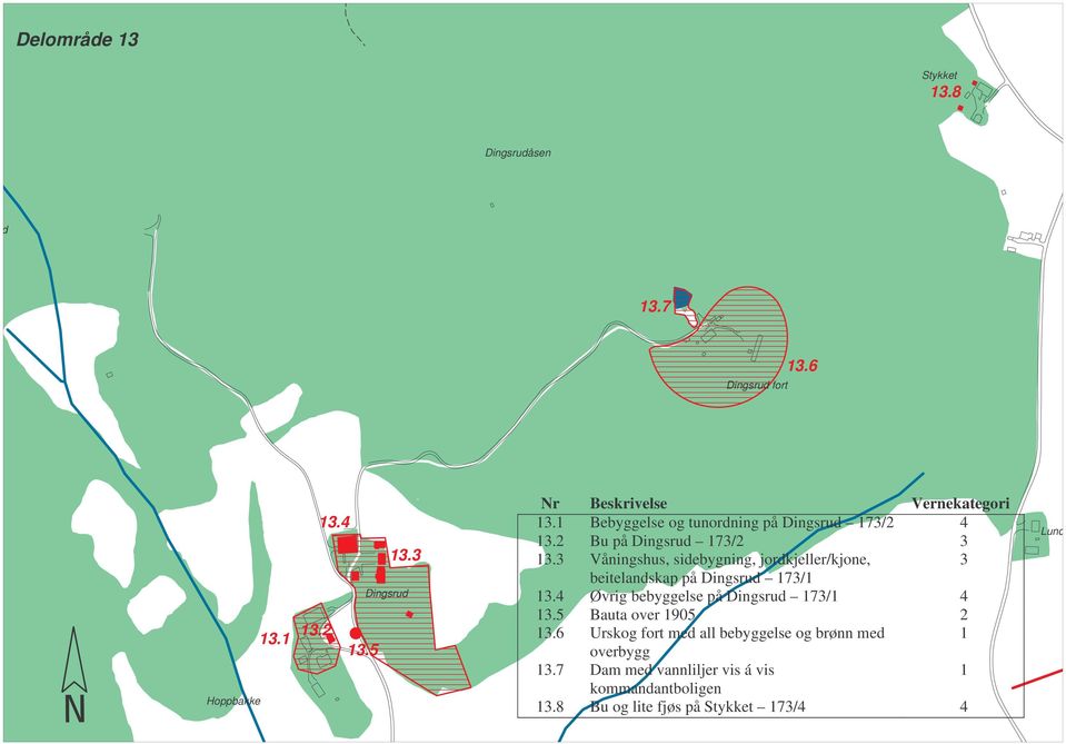 3 Våningshus, sidebygning, jordkjeller/kjone, 3 beitelandskap på Dingsrud 173/1 13.4 Øvrig bebyggelse på Dingsrud 173/1 4 13.