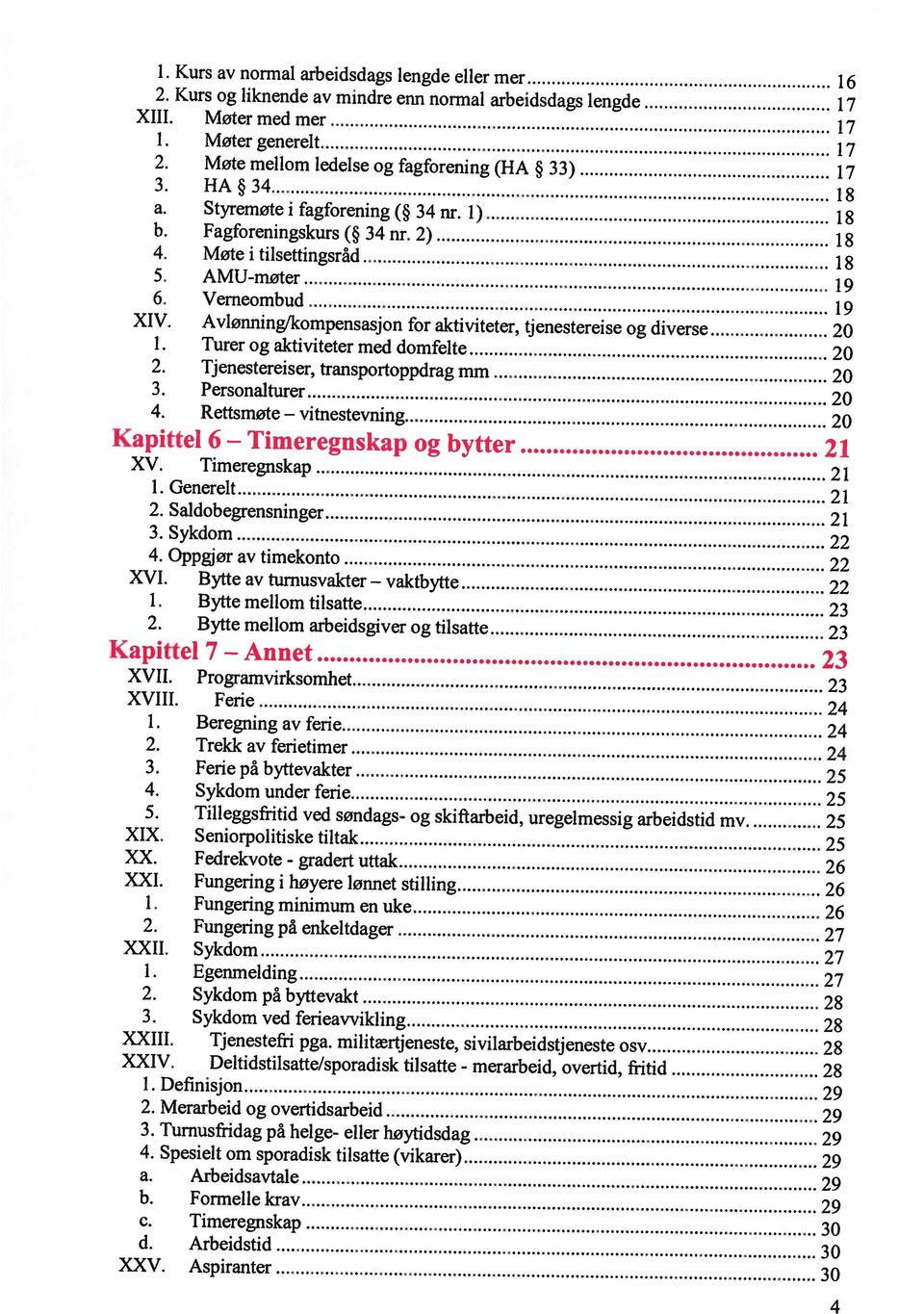 Deltidstilsatte/sporadisk tilsatte - XXV. Aspiranter 30 2. Saldobegrensninger 21 3. Sykdom 22 2. Bytte mellom arbeidsgiver og tilsatte 23 2. Trekk av ferietimer 24 3. Ferie på byttevakter 25 4.