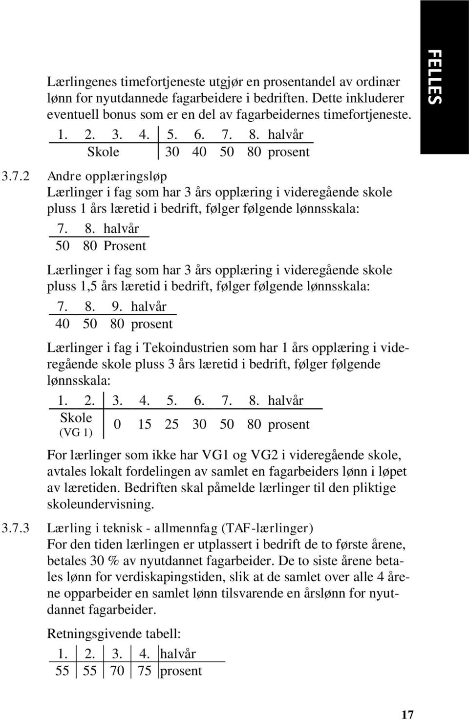 8. halvår 50 80 Prosent Lærlinger i fag som har 3 års opplæring i videregående skole pluss 1,5 års læretid i bedrift, følger følgende lønnsskala: 7. 8. 9.