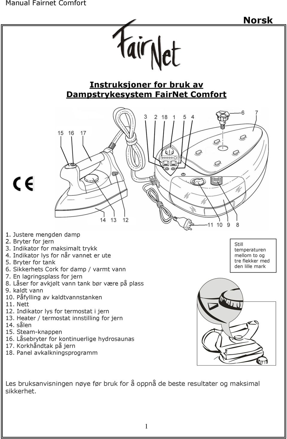 Påfylling av kaldtvannstanken 11. Nett 12. Indikator lys for termostat i jern 13. Heater / termostat innstilling for jern 14. sålen 15. Steam-knappen 16.