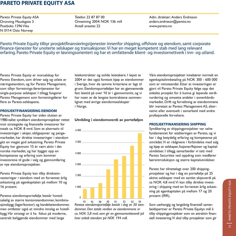 no www.pareto.no Pareto Private Equity tilbyr prosjektfinansieringstjenester innenfor shipping, offshore og eiendom, samt corporate finance-tjenester for unoterte selskaper og transaksjoner.