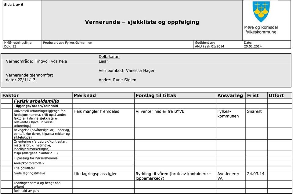 ) Bevegelse (nivåforskjellar, underlag, opne/lukke dører, tilpassa rekke- og siktehøgde) Orientering (fargebruk/kontrastar, materialbruk, lystilhøve, ledelinjer/markeringar) Miljø (allergene plantar