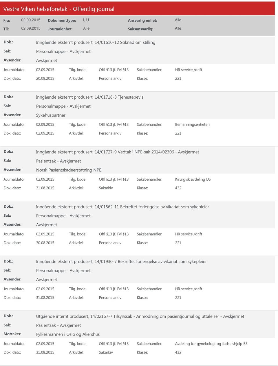 dato: Arkivdel: Personalarkiv Inngående eksternt produsert, 14/01727-9 Vedtak i NPE-sak 2014/02306 - Pasientsak - Norsk Pasientskadeerstatning NPE Kirurgisk avdeling DS 432 Inngående eksternt