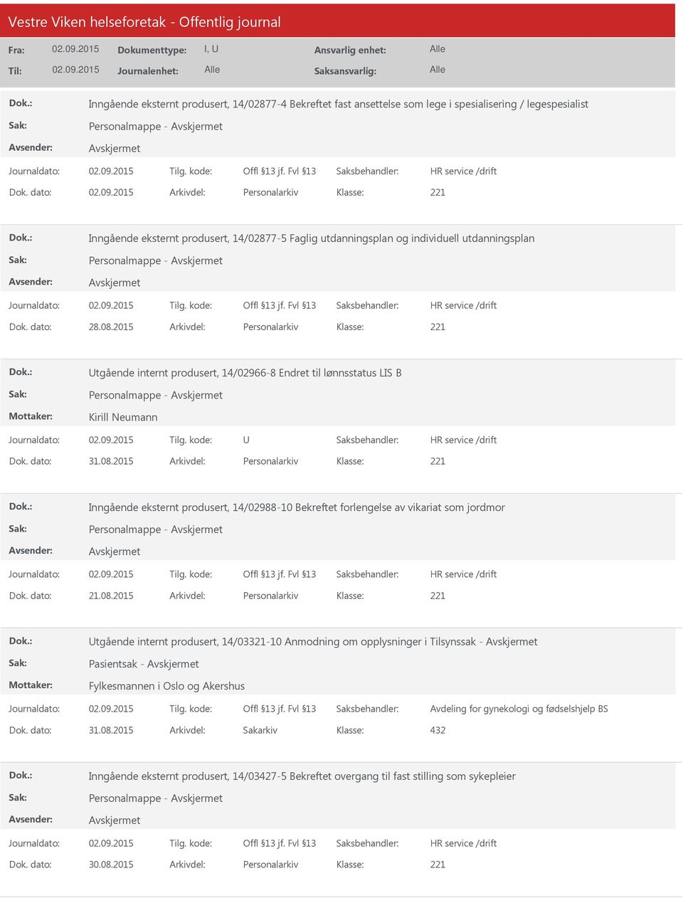 2015 Arkivdel: Personalarkiv tgående internt produsert, 14/02966-8 Endret til lønnsstatus LIS B Personalmappe - Kirill Neumann Dok. dato: 31.08.