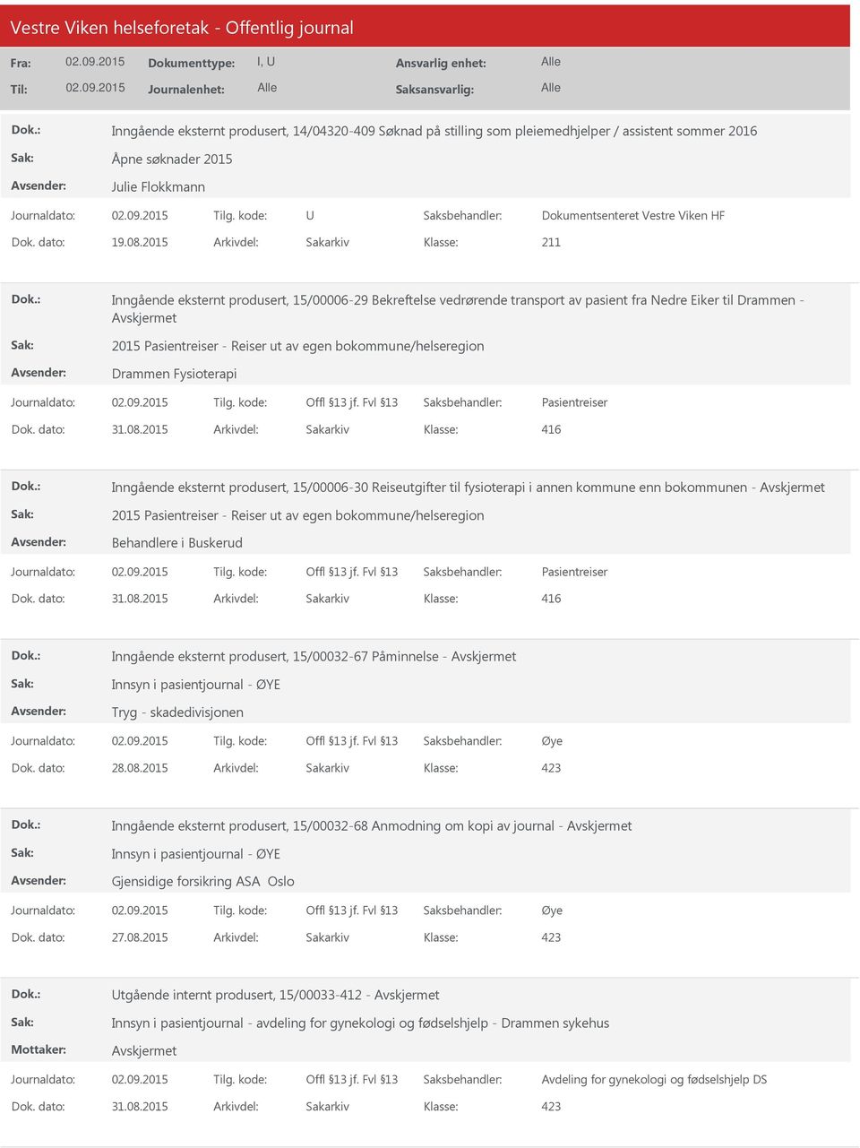 bokommune/helseregion Drammen Fysioterapi Pasientreiser 416 Inngående eksternt produsert, 15/00006-30 Reiseutgifter til fysioterapi i annen kommune enn bokommunen - 2015 Pasientreiser - Reiser ut av