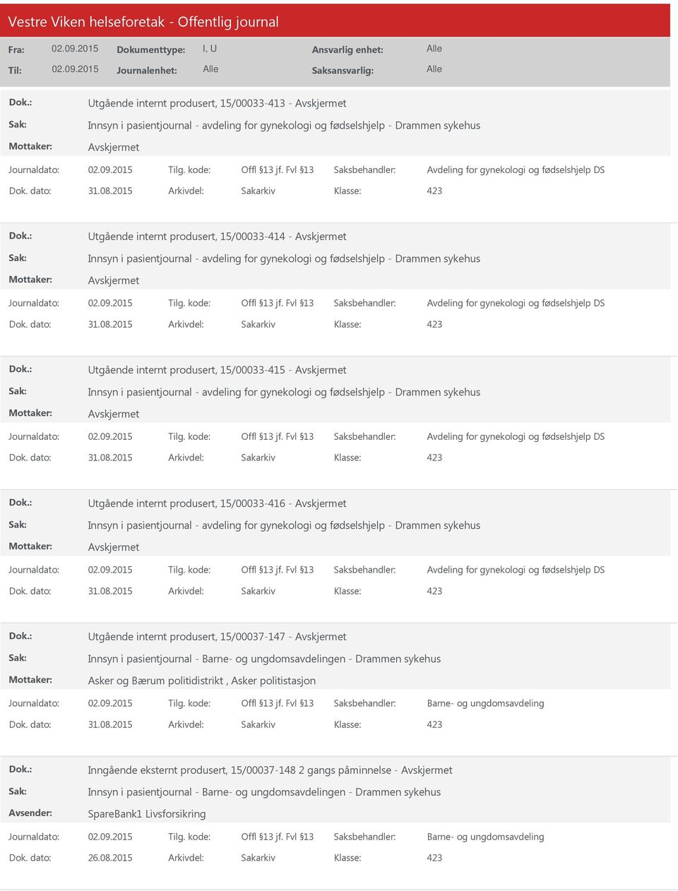 pasientjournal - avdeling for gynekologi og fødselshjelp - Drammen sykehus Avdeling for gynekologi og fødselshjelp DS tgående internt produsert, 15/00033-416 - Innsyn i pasientjournal - avdeling for