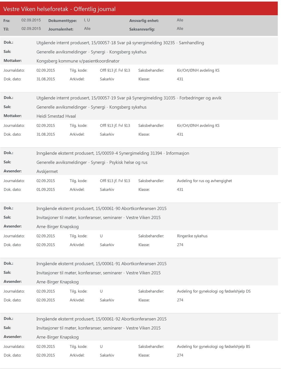 avdeling KS 431 Inngående eksternt produsert, 15/00059-4 Synergimelding 31394 - Informasjon Generelle avviksmeldinger - Synergi - Psykisk helse og rus Avdeling for rus og avhengighet Dok. dato: 01.09.