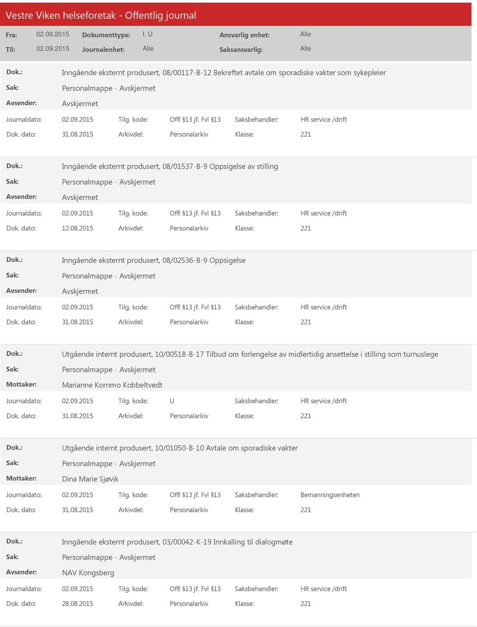 2015 Arkivdel: Personalarkiv Inngående eksternt produsert, 08/