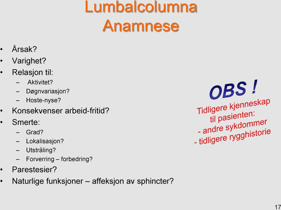 Konsekvenser arbeid-fritid? Smerte: Grad? Lokalisasjon?