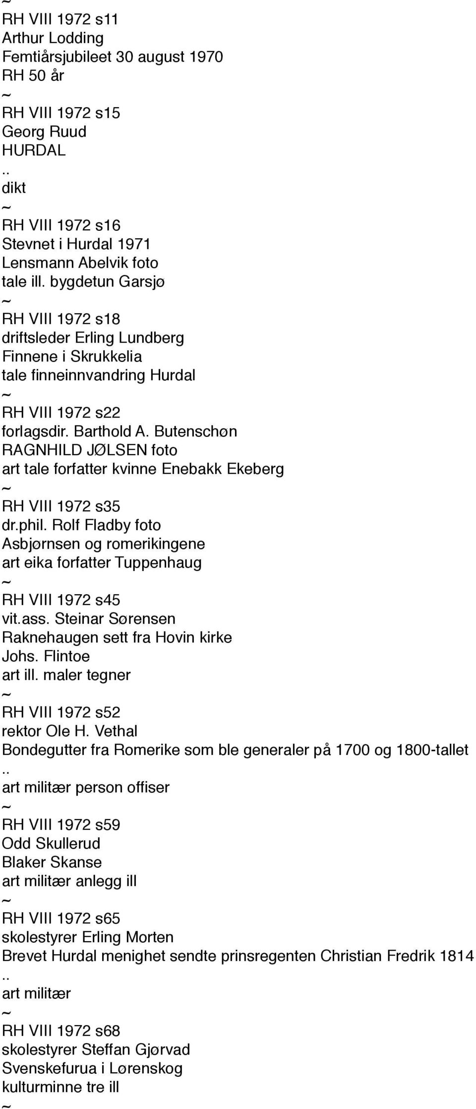 Butenschøn RAGNHILD JØLSEN foto art tale forfatter kvinne Enebakk Ekeberg RH VIII 1972 s35 dr.phil. Rolf Fladby foto Asbjørnsen og romerikingene art eika forfatter Tuppenhaug RH VIII 1972 s45 vit.ass.