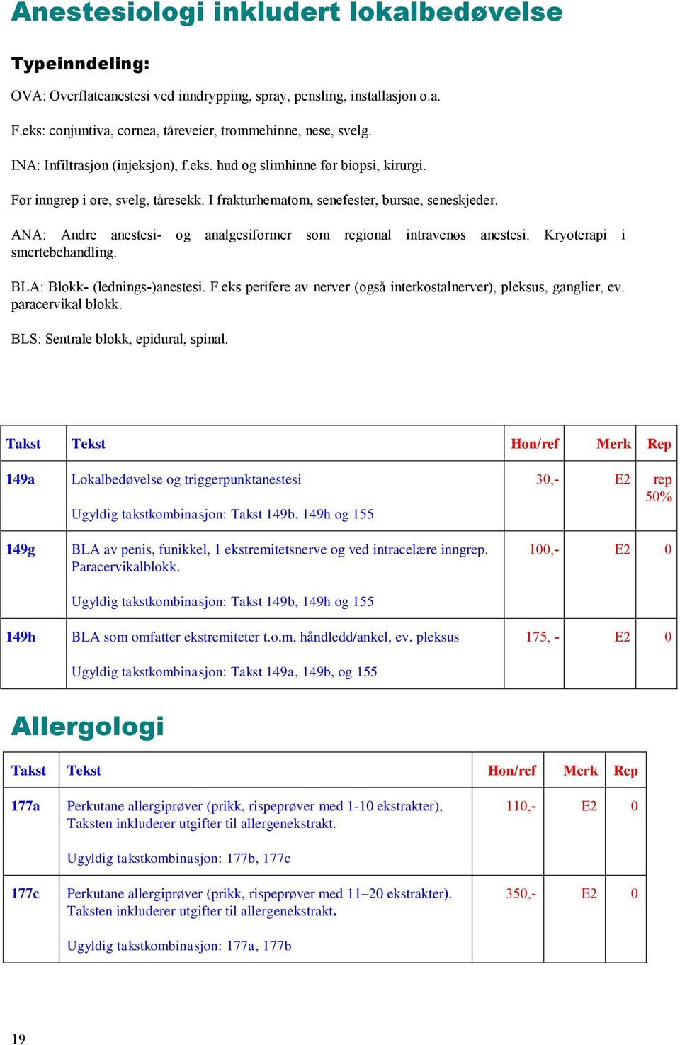 ANA: Andre anestesi- og analgesiformer som regional intravenøs anestesi. Kryoterapi i smertebehandling. BLA: Blokk- (lednings-)anestesi. F.