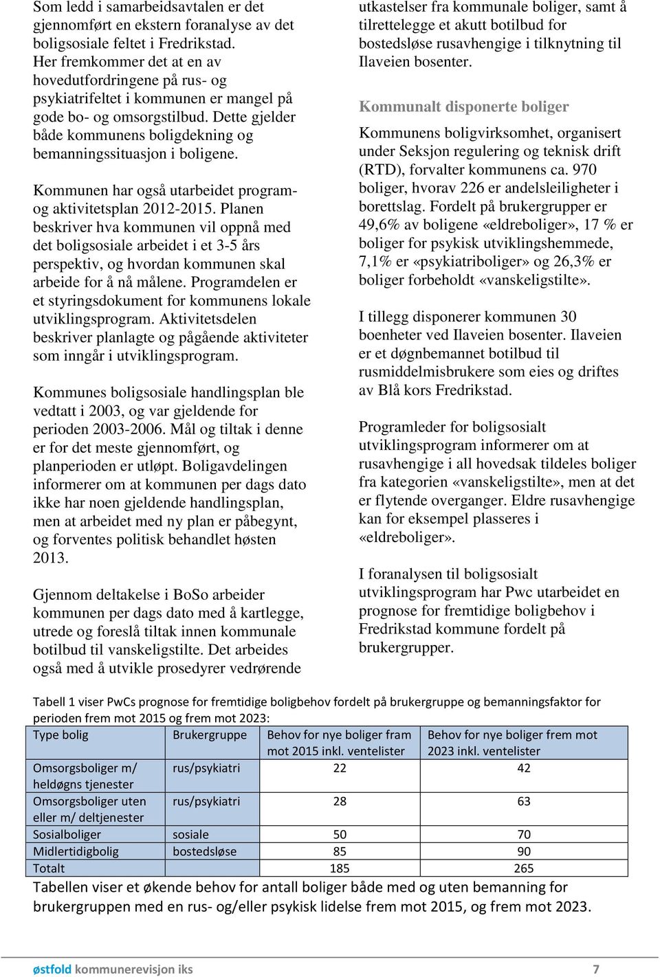 Dette gjelder både kommunens boligdekning og bemanningssituasjon i boligene. Kommunen har også utarbeidet programog aktivitetsplan 2012-2015.