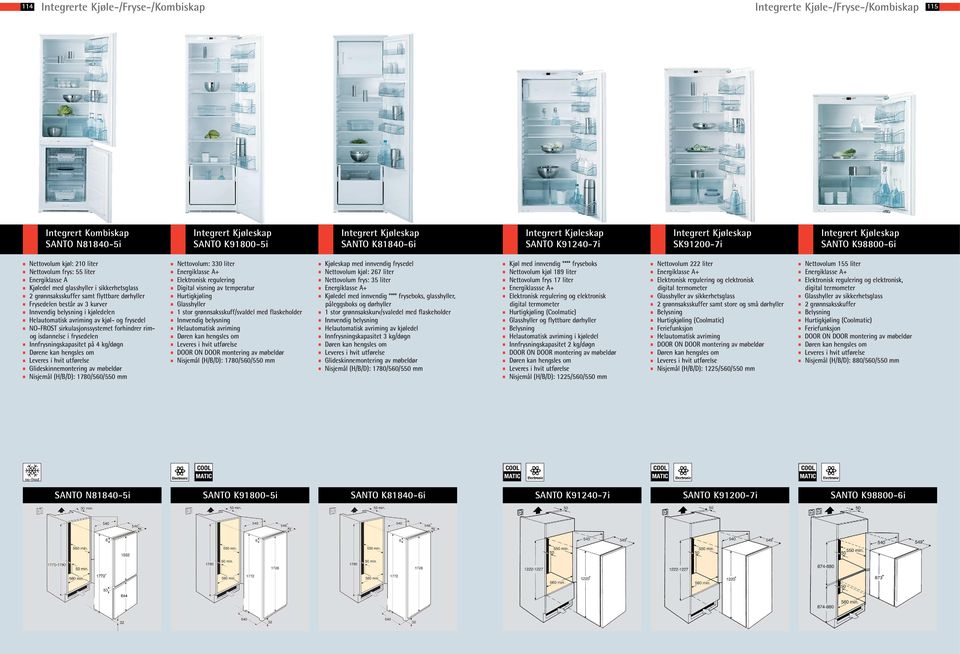kjøledelen Helautomatisk avriming av kjøl- og frysedel NO-FROST sirkulasjonssystemet forhindrer rimog isdannelse i frysedelen Innfrysningskapasitet på 4 kg/døgn Dørene kan hengsles om Leveres i hvit