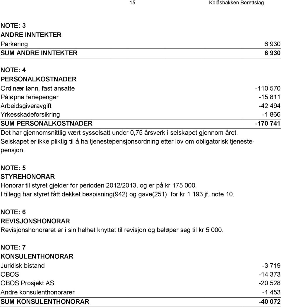 Selskapet er ikke pliktig til å ha tjenestepensjonsordning etter lov om obligatorisk tjenestepensjon. NOTE: 5 STYREHONORAR Honorar til styret gjelder for perioden 2012/2013, og er på kr 175 000.