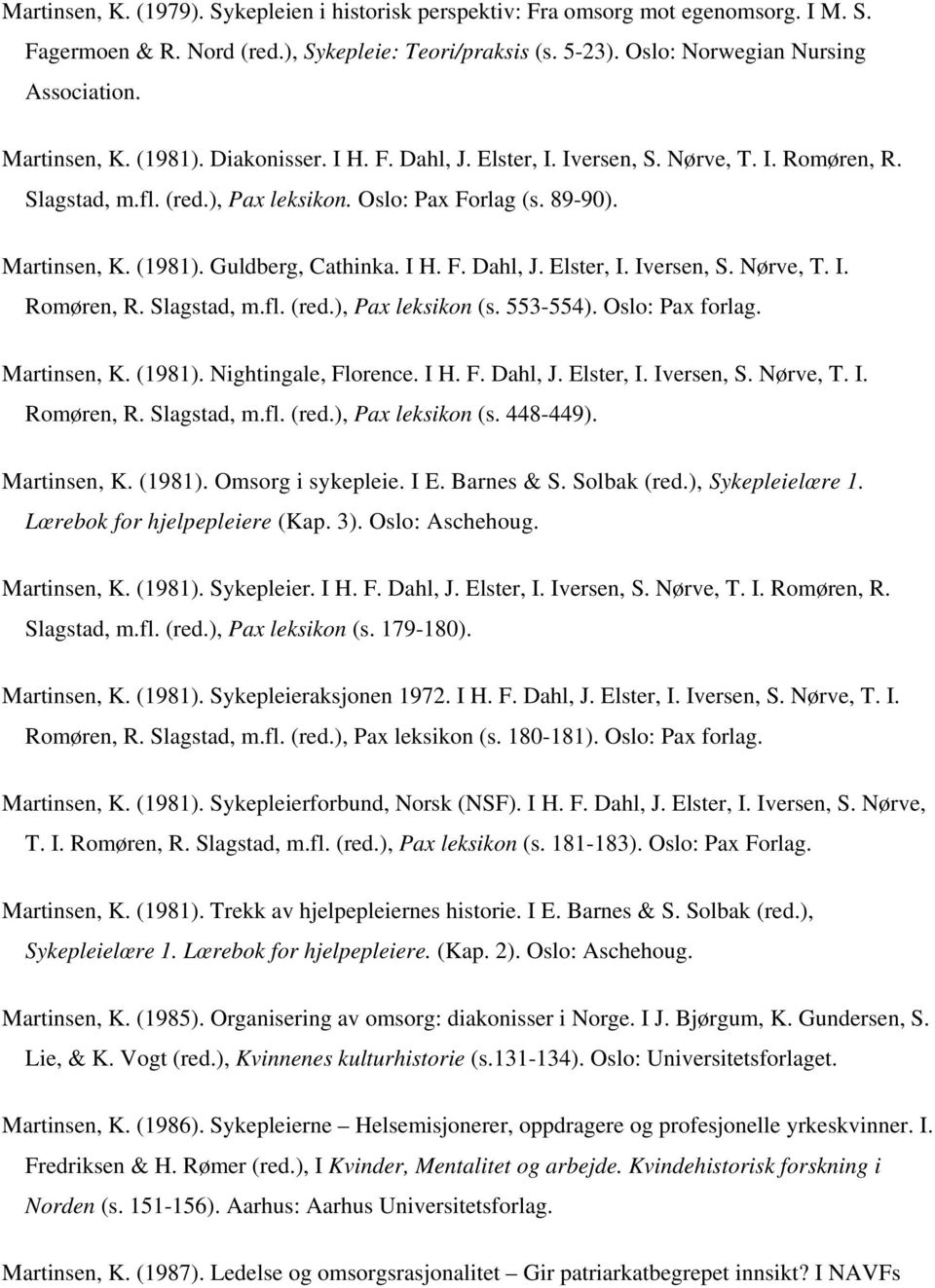 I H. F. Dahl, J. Elster, I. Iversen, S. Nørve, T. I. Romøren, R. Slagstad, m.fl. (red.), Pax leksikon (s. 553-554). Oslo: Pax forlag. Martinsen, K. (1981). Nightingale, Florence. I H. F. Dahl, J. Elster, I. Iversen, S. Nørve, T. I. Romøren, R. Slagstad, m.fl. (red.), Pax leksikon (s. 448-449).