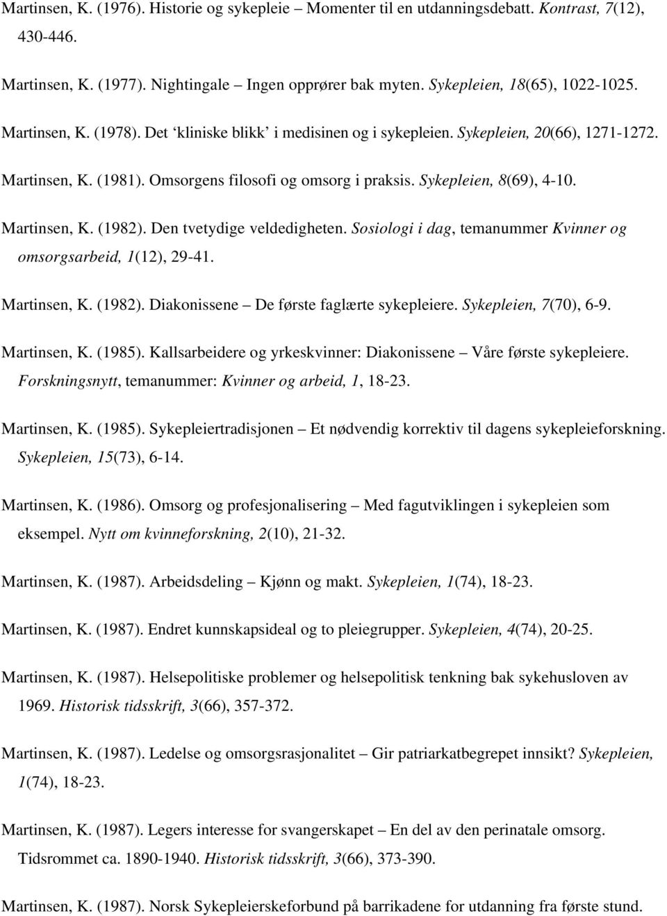 Martinsen, K. (1982). Den tvetydige veldedigheten. Sosiologi i dag, temanummer Kvinner og omsorgsarbeid, 1(12), 29-41. Martinsen, K. (1982). Diakonissene De første faglærte sykepleiere.