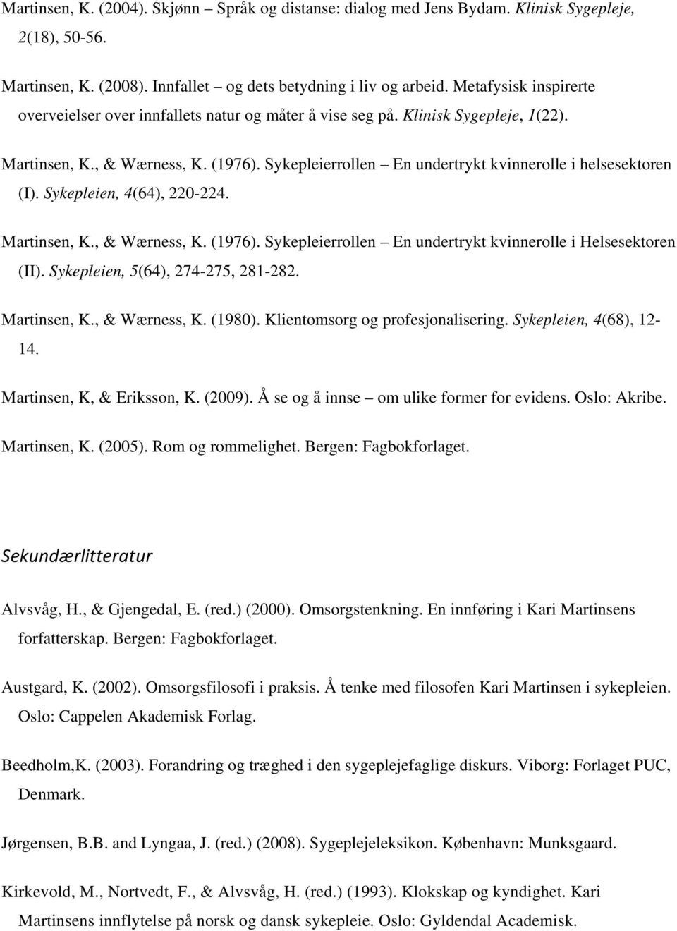 Sykepleierrollen En undertrykt kvinnerolle i helsesektoren (I). Sykepleien, 4(64), 220-224. Martinsen, K., & Wærness, K. (1976). Sykepleierrollen En undertrykt kvinnerolle i Helsesektoren (II).