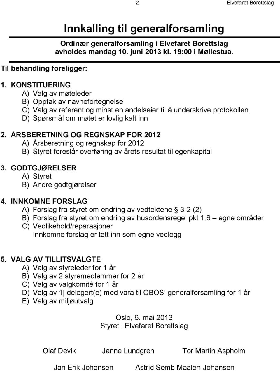 ÅRSBERETNING OG REGNSKAP FOR 2012 A) Årsberetning og regnskap for 2012 B) Styret foreslår overføring av årets resultat til egenkapital 3. GODTGJØRELSER A) Styret B) Andre godtgjørelser 4.