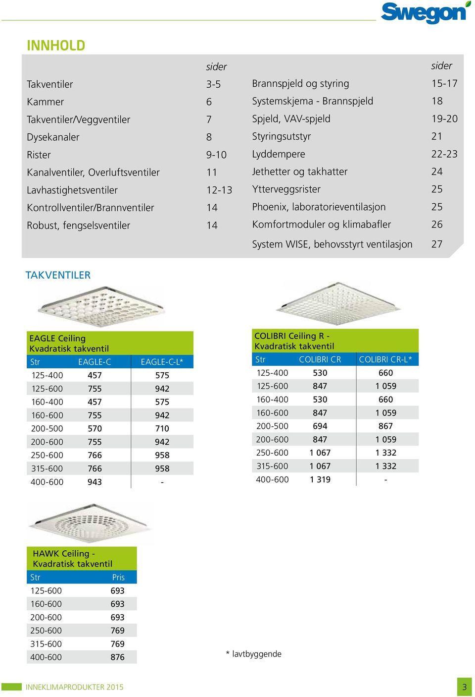 laboratorieventilasjon 25 Komfortmoduler og klimabafler 26 System WISE, behovsstyrt ventilasjon 27 TAKVENTILER EAGLE Ceiling Kvadratisk takventil EAGLE-C EAGLE-C-L* 125-400 457 575 125-600 755 942