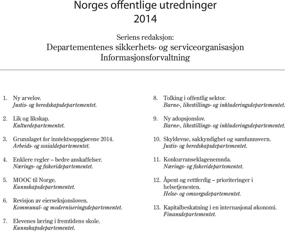 Kunnskapsdepartementet. 6. Revisjon av eierseksjonsloven. Kommunal- og moderniseringsdepartementet. 7. Elevenes læring i fremtidens skole. Kunnskapsdepartementet. 8. Tolking i offentlig sektor.