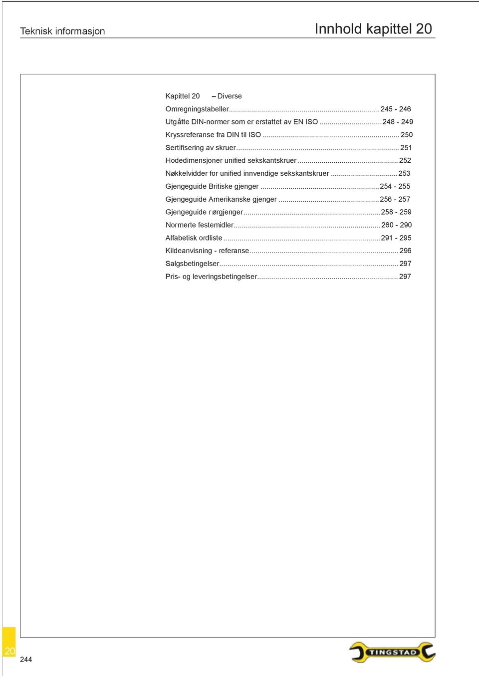 .. 252 Nøkkelvidder for unified innvendige sekskantskruer... 253 Gjengeguide Britiske gjenger...254-255 Gjengeguide Amerikanske gjenger.