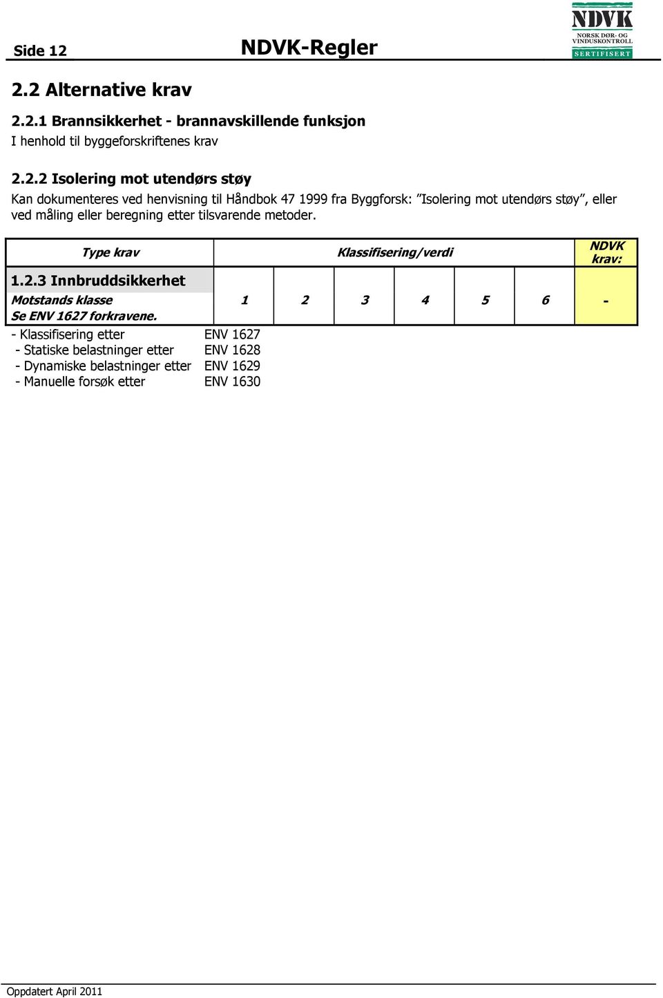 2 Alternative krav 2.2.1 Brannsikkerhet - brannavskillende funksjon I henhold til byggeforskriftenes krav 2.2.2 Isolering mot utendørs støy