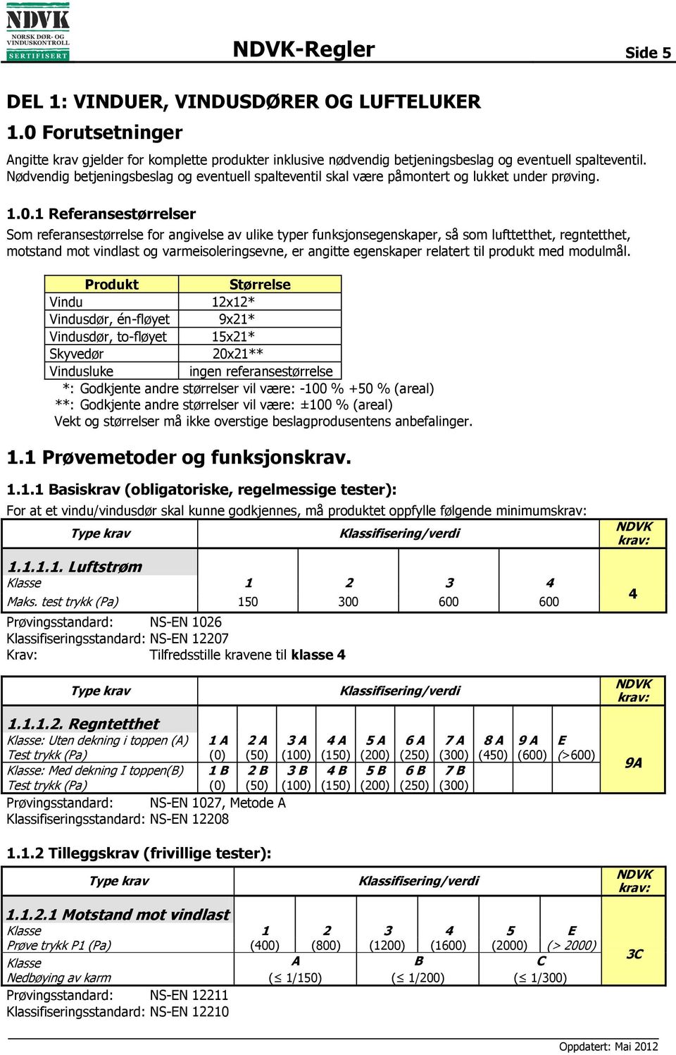 1 Referansestørrelser Som referansestørrelse for angivelse av ulike typer funksjonsegenskaper, så som lufttetthet, regntetthet, motstand mot vindlast og varmeisoleringsevne, er angitte egenskaper