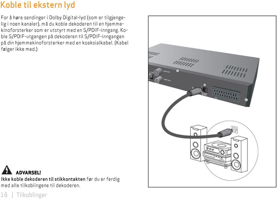 Koble S/PDIF-utgangen på dekoderen til S/PDIF-inngangen på din hjemmekinoforsterker med en koaksialkabel.