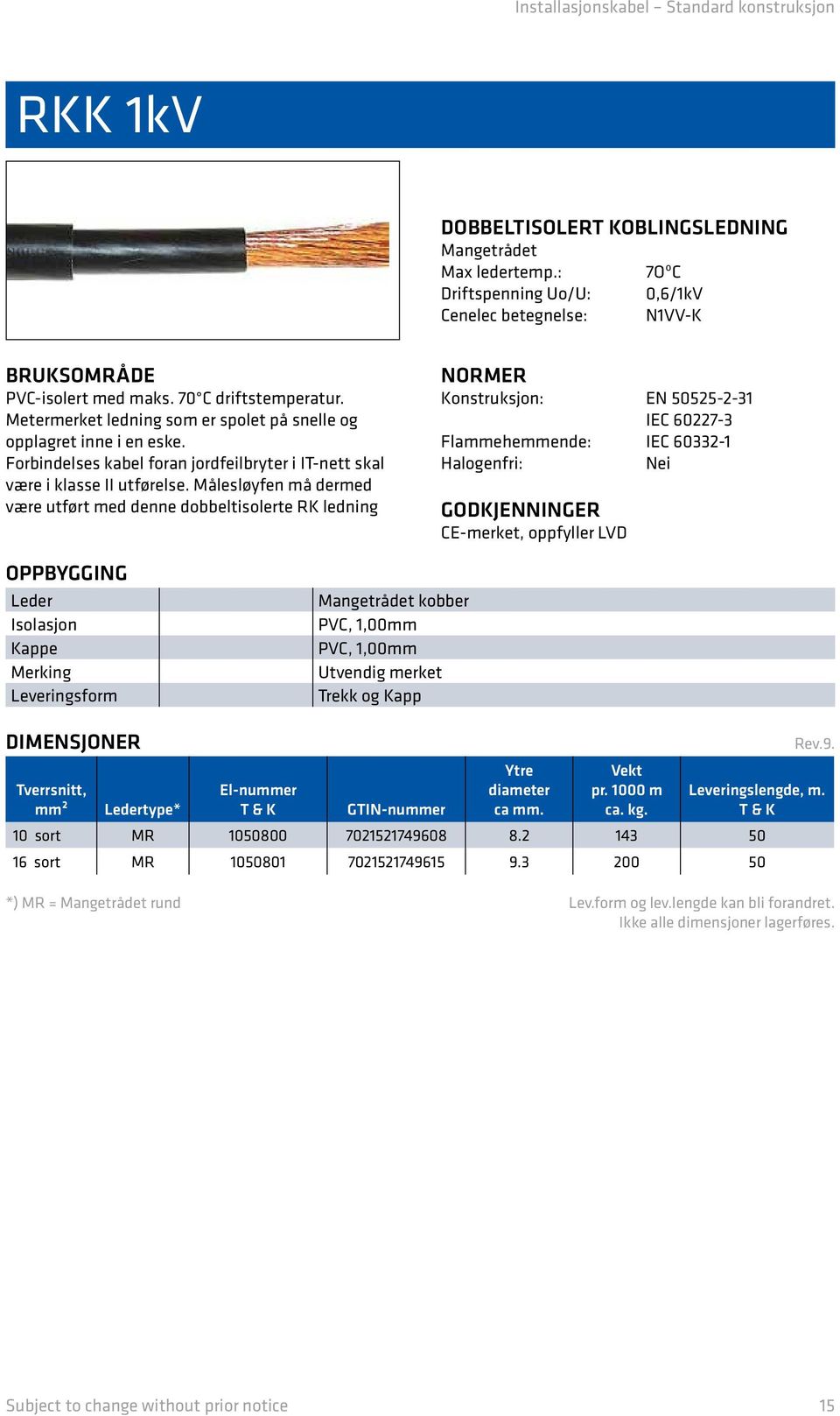 Målesløyfen må dermed være utført med denne dobbeltisolerte RK ledning Konstruksjon: EN 50525-2-31 IEC 60227-3 Flammehemmende: IEC 60332-1 Halogenfri: Nei GODKJENNINGER CE-merket, oppfyller LVD Leder