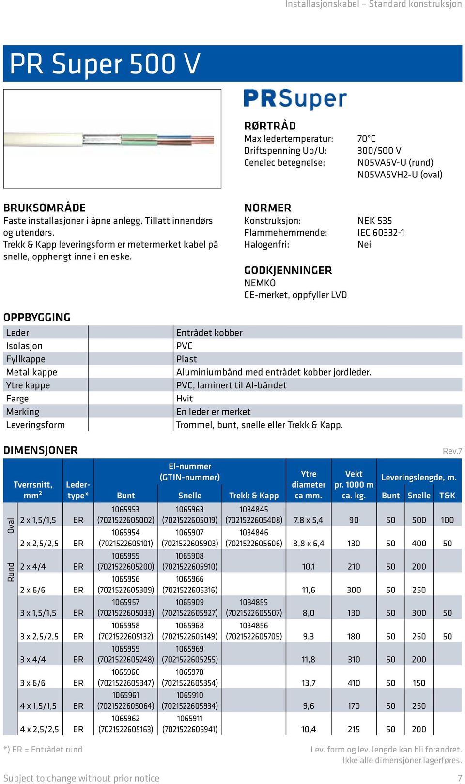 Konstruksjon: NEK 535 Flammehemmende: IEC 60332-1 Halogenfri: Nei GODKJENNINGER NEMKO CE-merket, oppfyller LVD Leder Isolasjon Fyllkappe Metallkappe Ytre kappe DIMENSJONER Oval Rund mm² Ledertype* 2