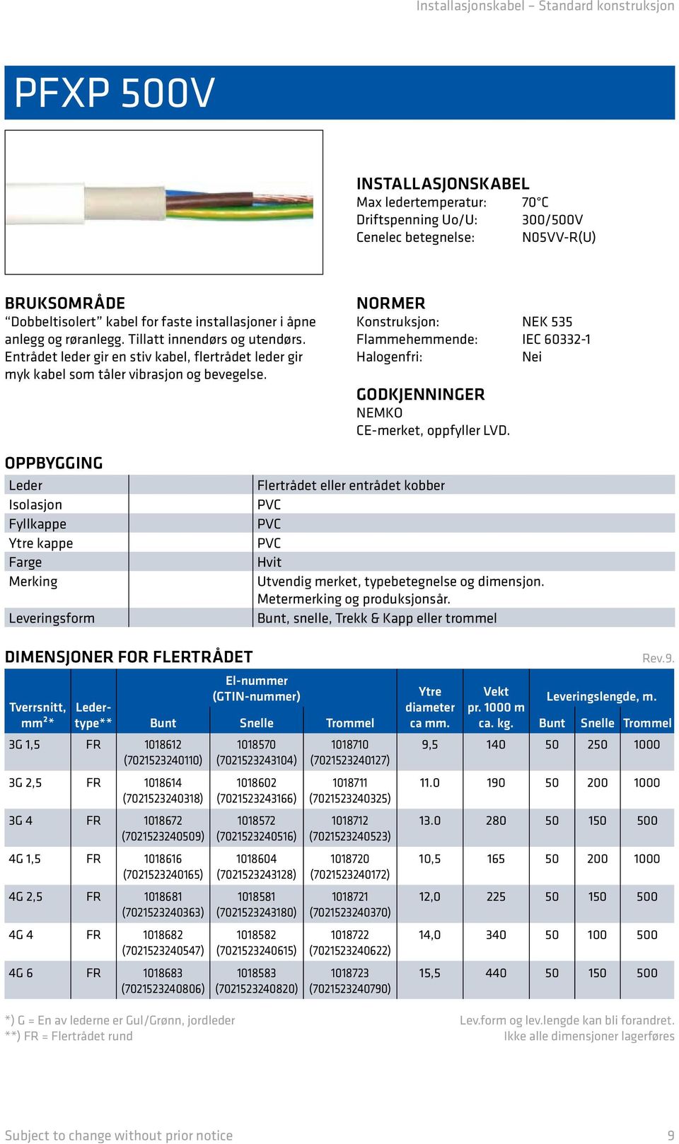 Konstruksjon: NEK 535 Flammehemmende: IEC 60332-1 Halogenfri: Nei GODKJENNINGER NEMKO CE-merket, oppfyller LVD.