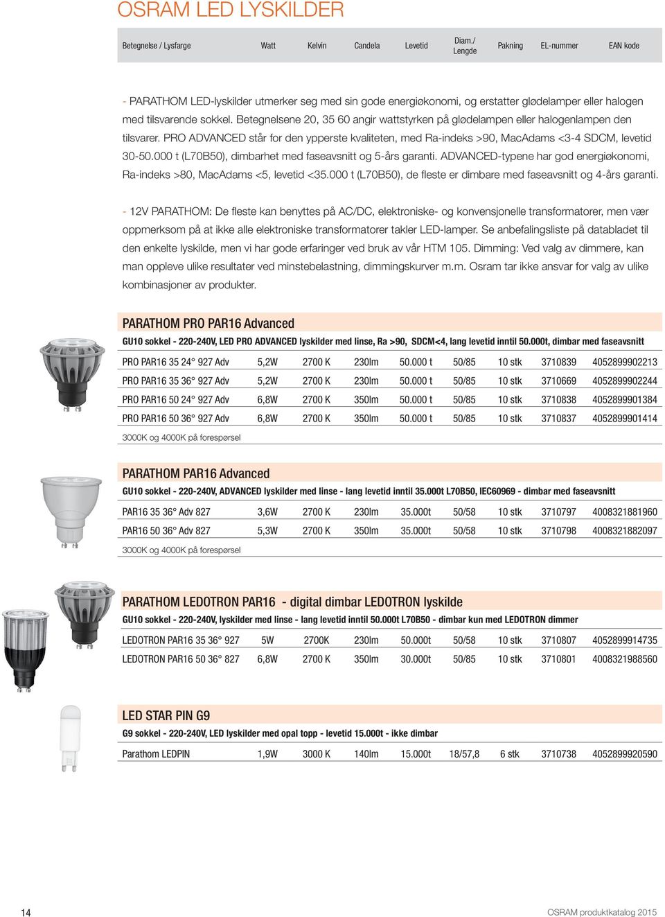 Betegnelsene 20, 5 60 angir wattstyrken på glødelampen eller halogenlampen den tilsvarer. PRO ADVANCED står for den ypperste kvaliteten, med Ra-indeks >90, MacAdams <-4 SDCM, levetid 0-50.