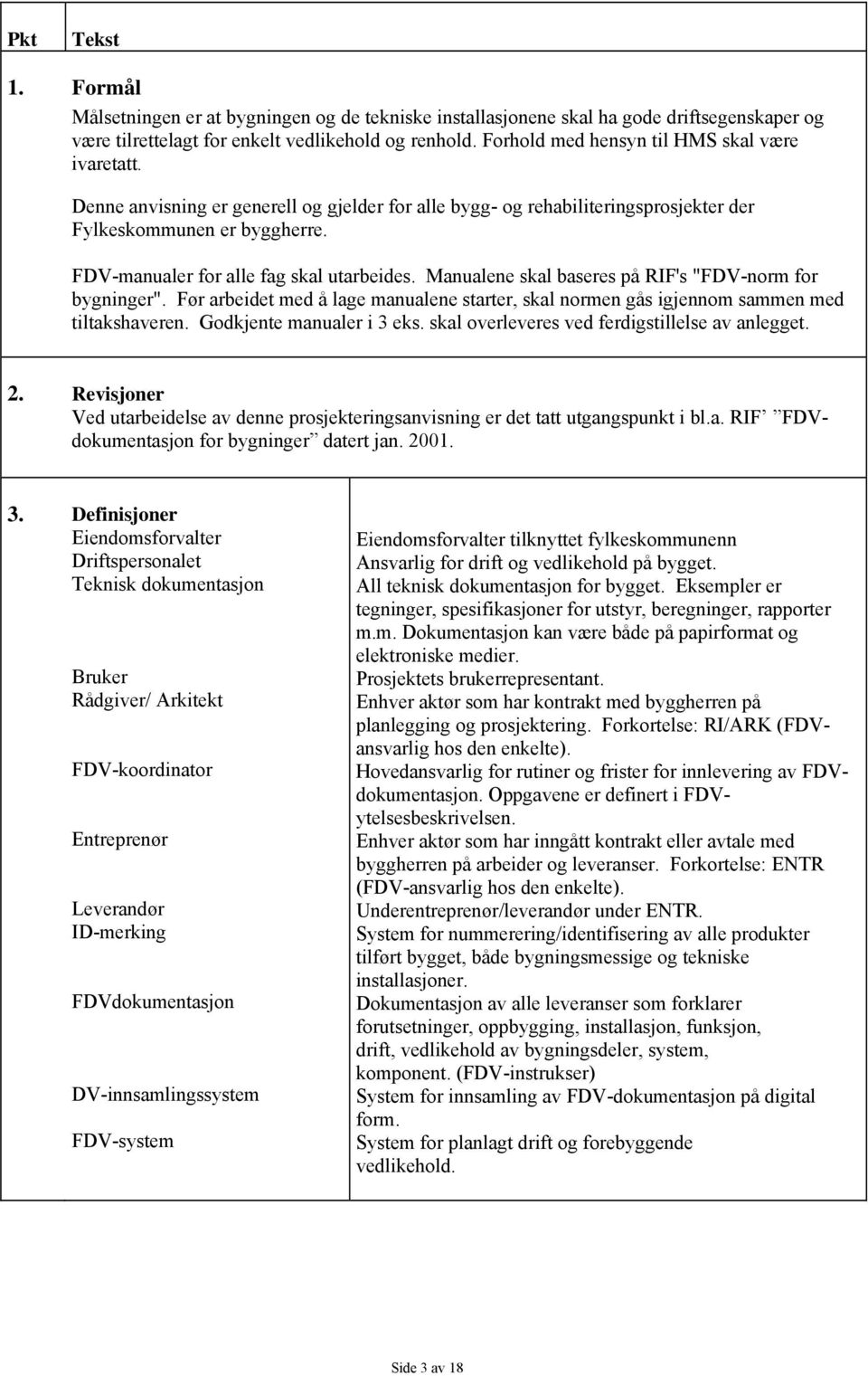 FDV-manualer for alle fag skal utarbeides. Manualene skal baseres på RIF's "FDV-norm for bygninger". Før arbeidet med å lage manualene starter, skal normen gås igjennom sammen med tiltakshaveren.