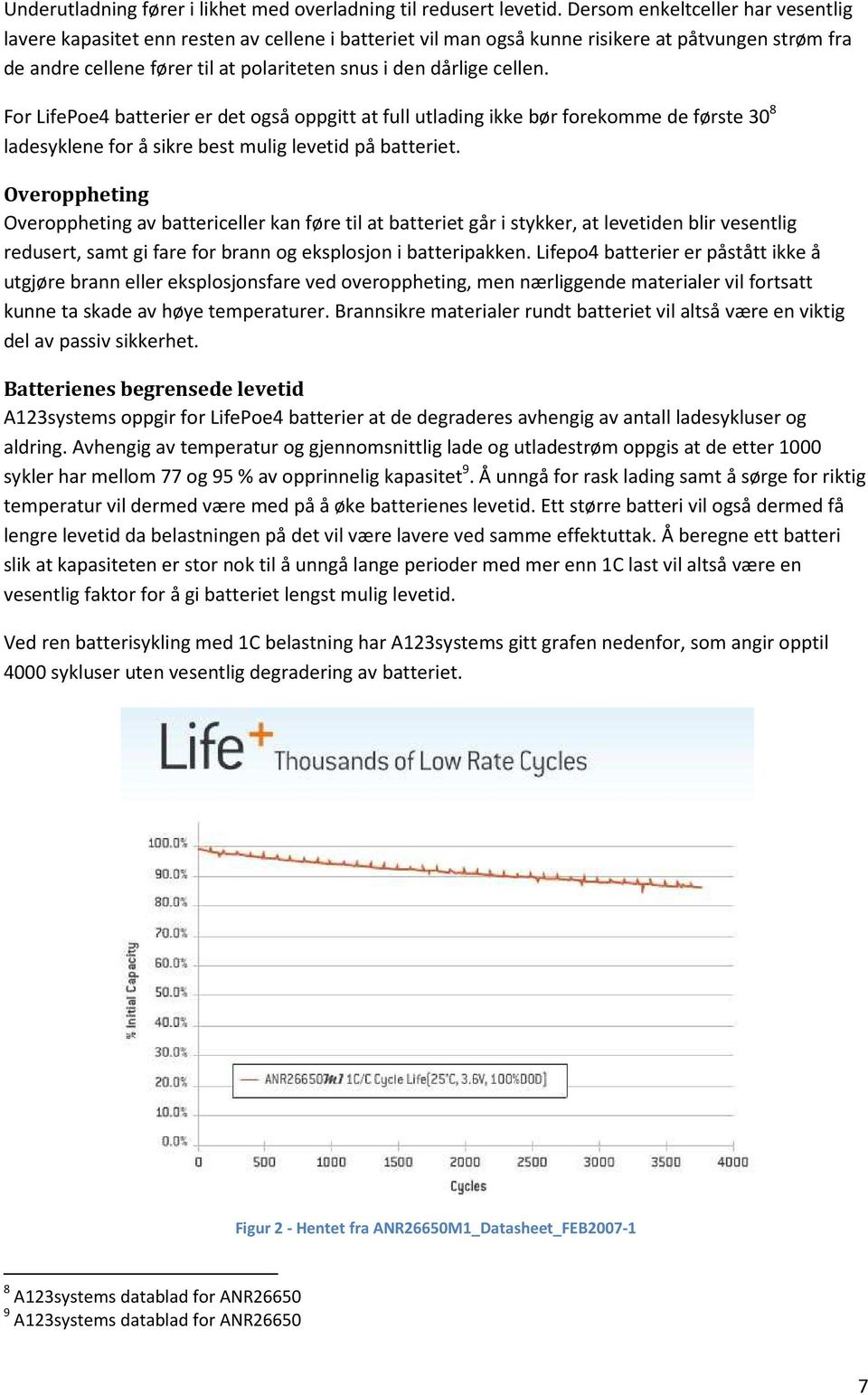 cellen. For LifePoe4 batterier er det også oppgitt at full utlading ikke bør forekomme de første 30 8 ladesyklene for å sikre best mulig levetid på batteriet.