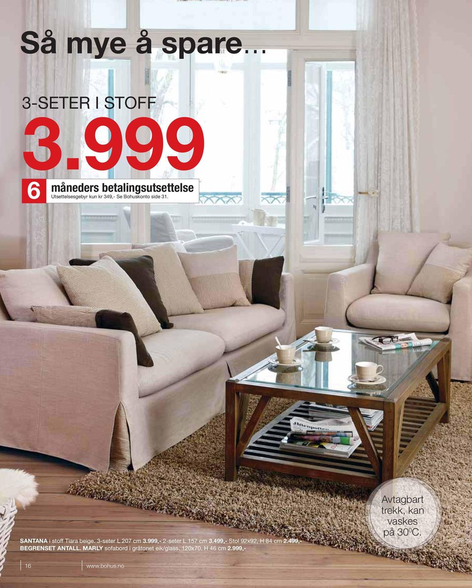 SANTANA i stoff Tiara beige. 3-seter L 207 cm 3.999,- 2-seter L 157 cm 3.