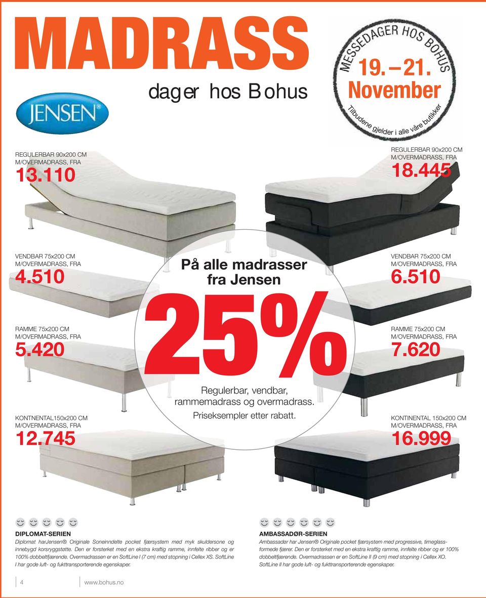 745 På alle madrasser fra Jensen 25% Regulerbar, vendbar, rammemadrass og overmadrass. Priseksempler etter rabatt. VENDBAR 75x200 CM M/OVERMADRASS, FRA 6.510 RAMME 75x200 CM M/OVERMADRASS, FRA 7.